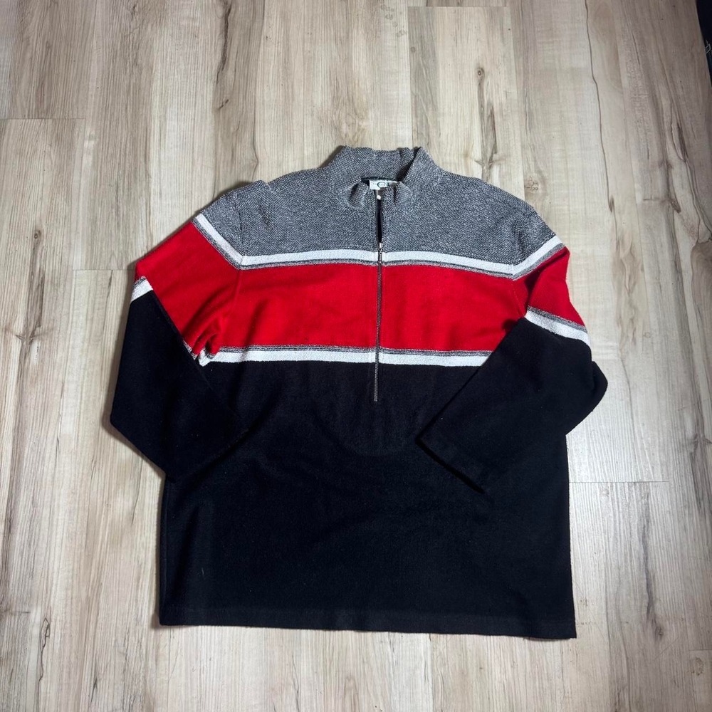 Vintage Cricket Lane Mens Terry Cloth Quarter Zip Sweater Red Black Grey Medium